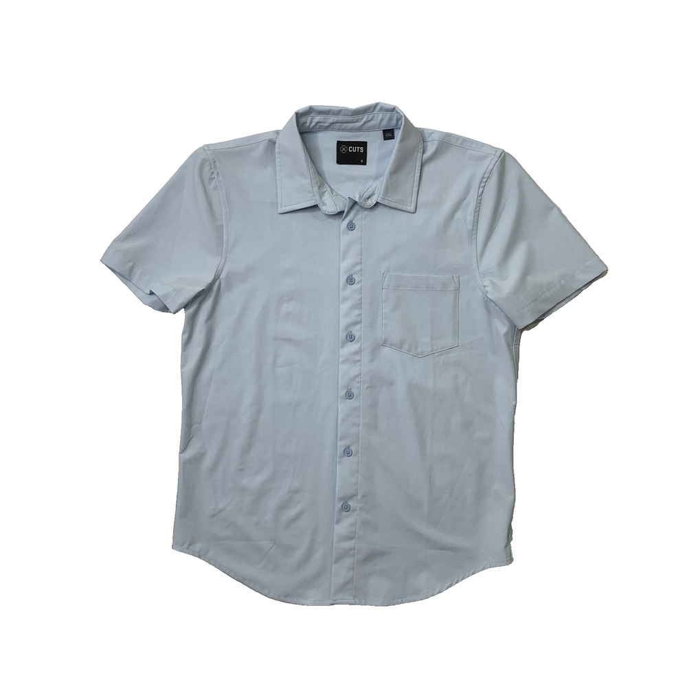 Cuts Shirt Mens S Small Cloud Stretch Button Up Short Sleeve Curve Hem Pocket